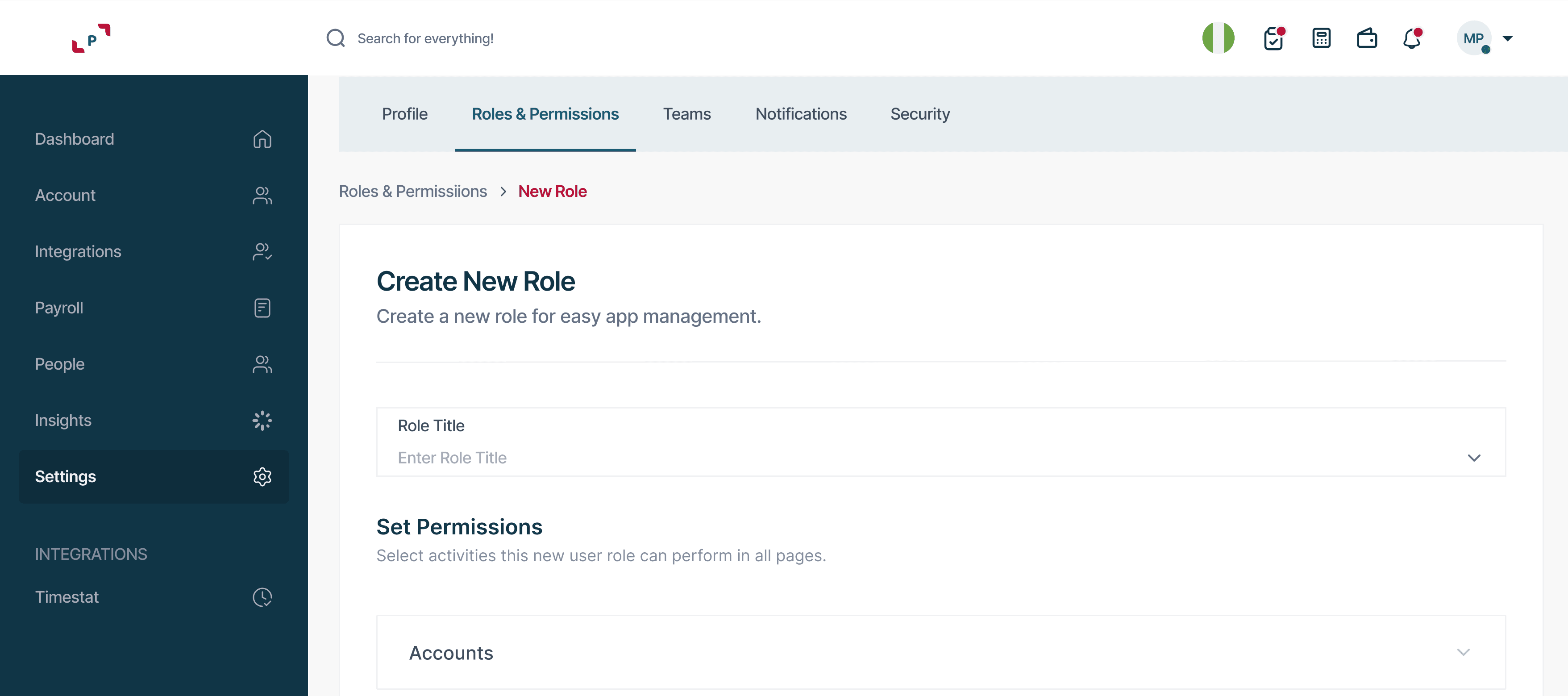 The Timestat roles screen, listing each role alongside the number of users assigned to it